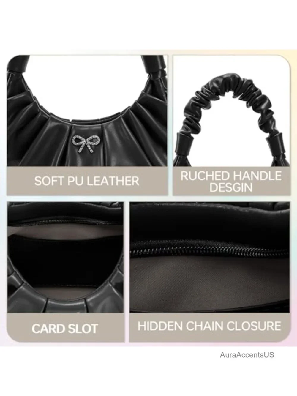 Crescent Ruched Hobo Bag with Rhinestone Bow - Soft Vegan Leather Shoulder Purse